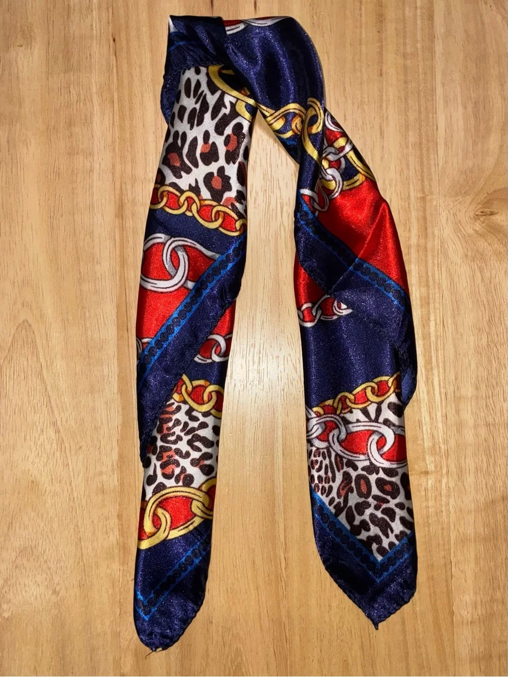Vintage Chain & Leopard Print Scarf | Navy Blue & Red Silk-Feel